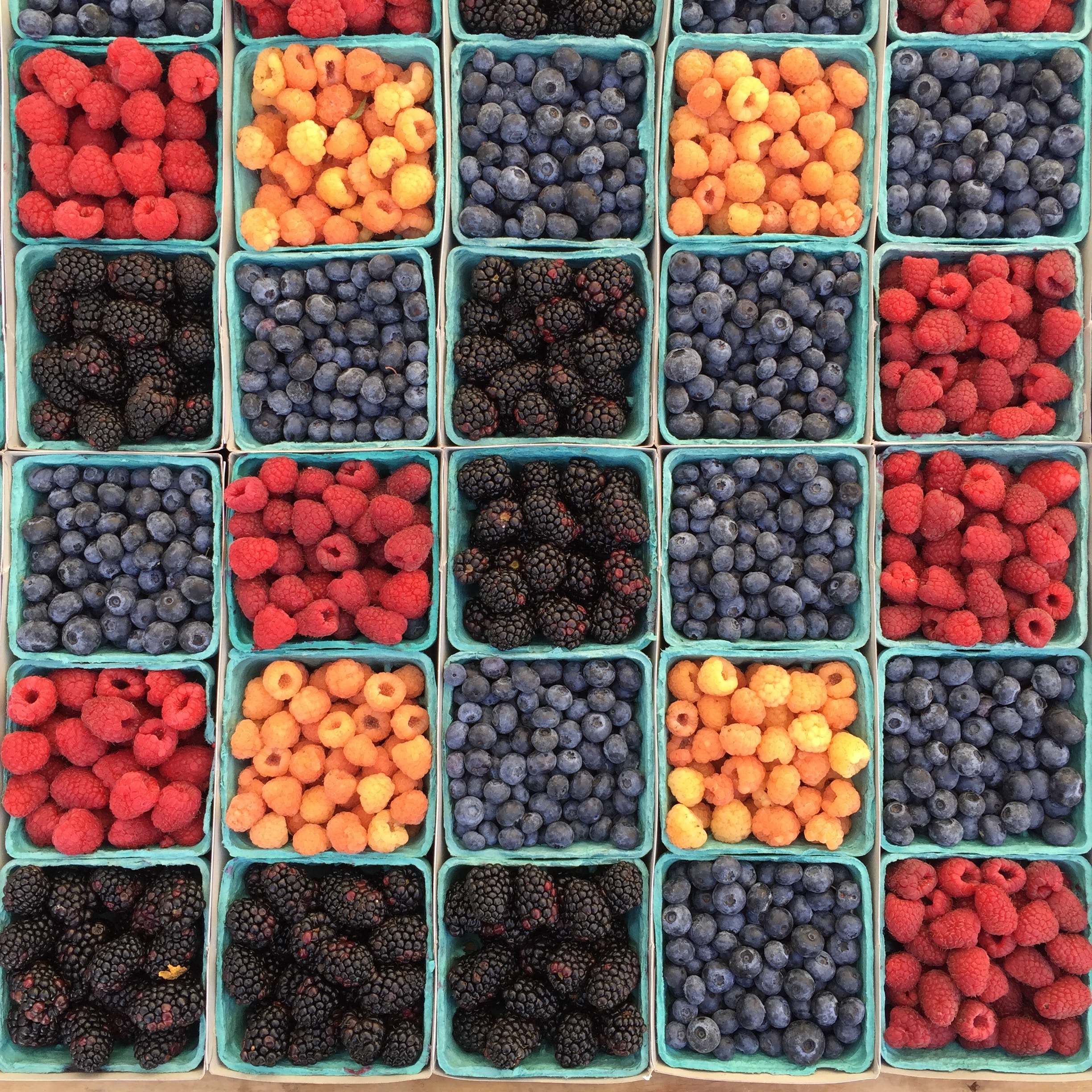 boxes of blueberries, raspberries, blackberries, and some orange ones too