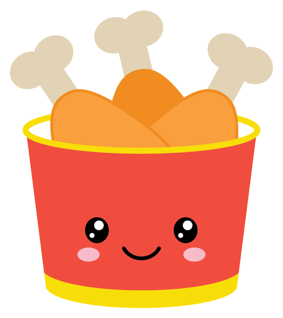 Graphic of a red and yellow bucket with a cute smiling face with three chicken legs sticking out of the top