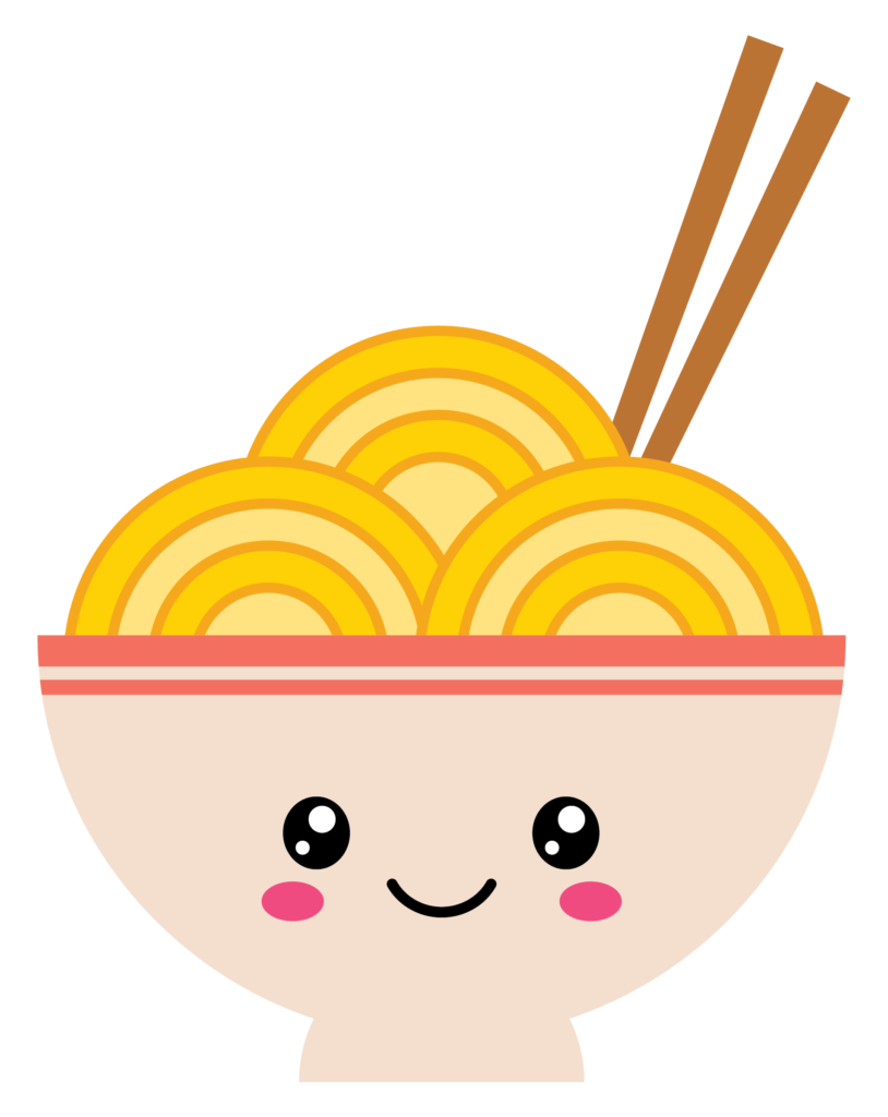 Graphic of a bowl of noodles with chopsticks sticking out of the top and a cute smiling face