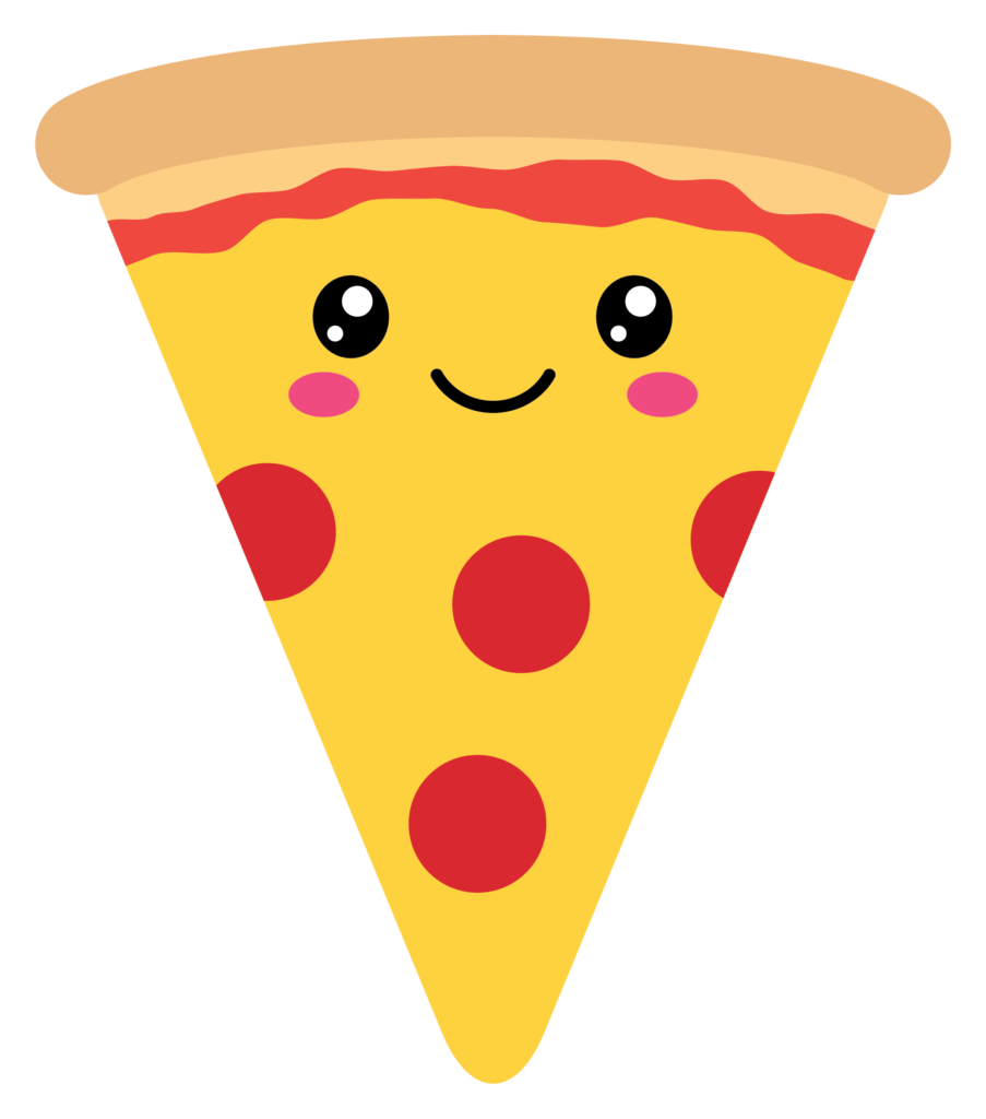 Graphic of pepperoni pizza with a cute smiling face
