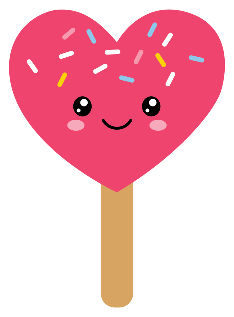 Graphic of a dark pink heart-shaped treat on a stick with sprinkles and a cute smiling face