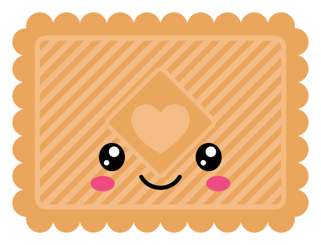 Graphic of a brown rectangular cookie with a heart design and a cute smiling face