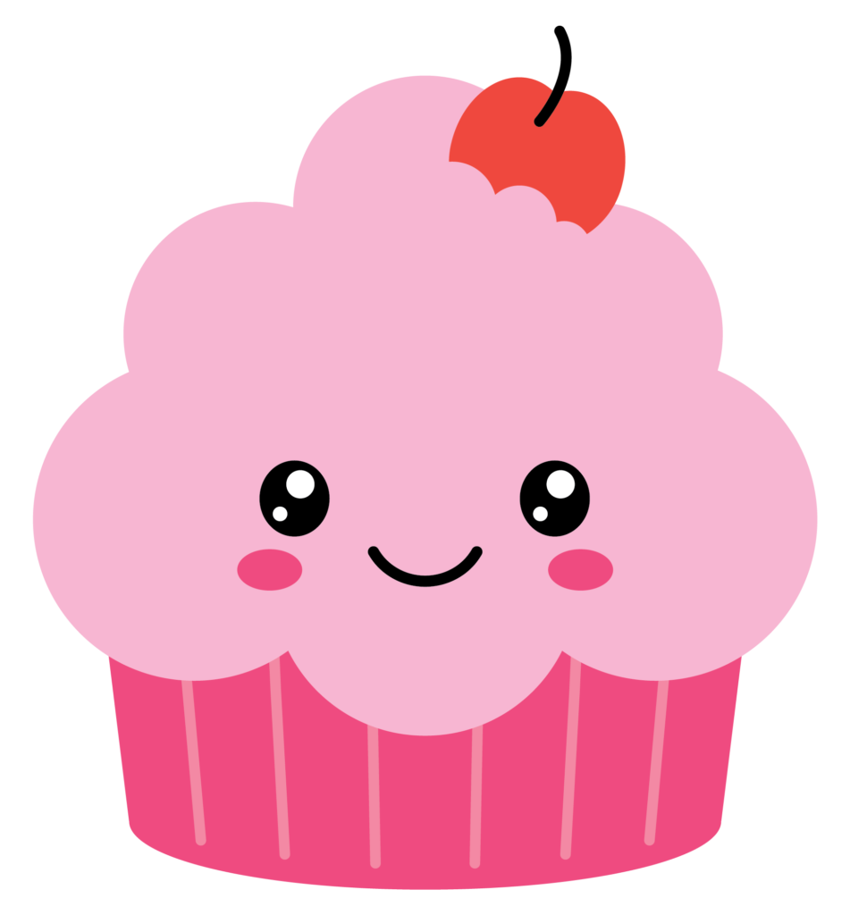 Graphic of a pink cupcake with a dark pink cup, a cherry on top, and a cute smiling face